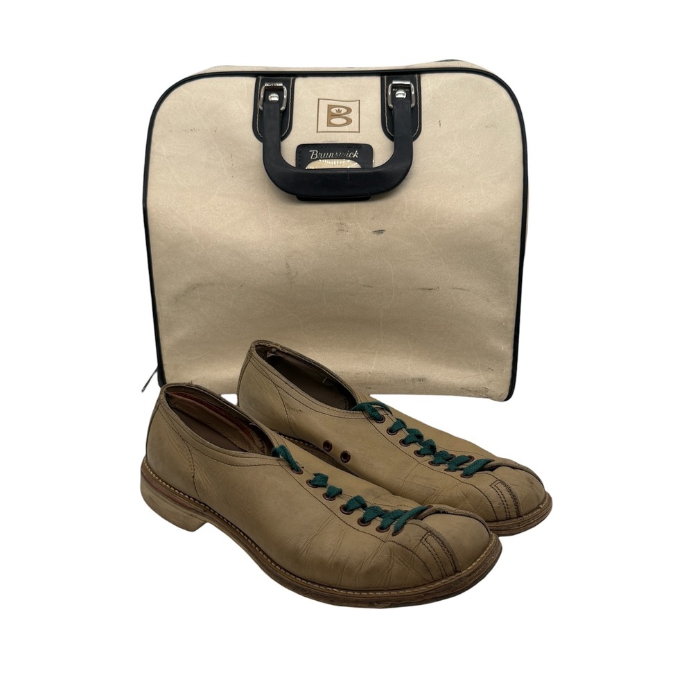 Vintage Brunswick Bowling Bag and Leather Shoes Set Cream Tan Retro Mid Century